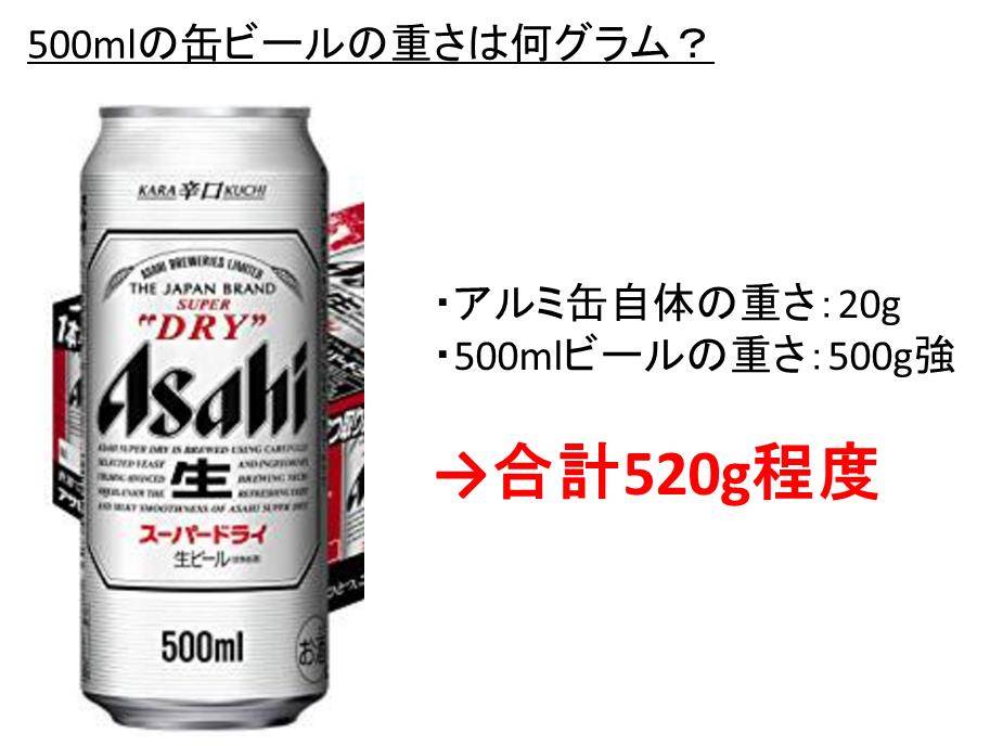 500mlのビール アルミ缶 の重さは何キロ 何グラム 1ケースは何本で